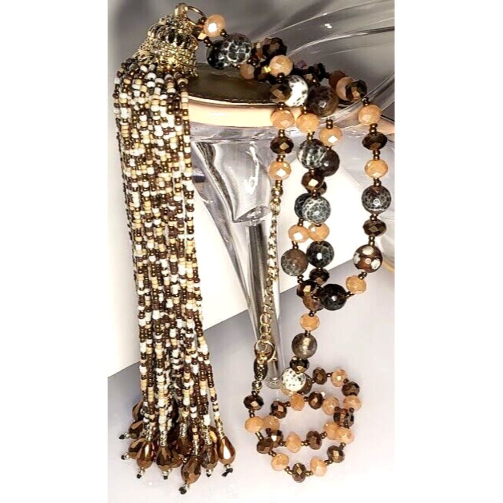 Vintage Style Beaded Necklace Tassel Coco? Hang Tag Gold Tone Elegant 25 inch